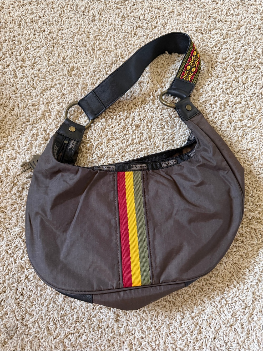Lesportsac Brown Shoulder Bag with Red, Yellow & Olive Stripe